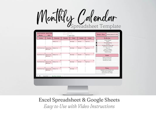 Monthly Calendar Google Sheet, Monthly Calendar Template, Calendar Template, Calendar Google Doc