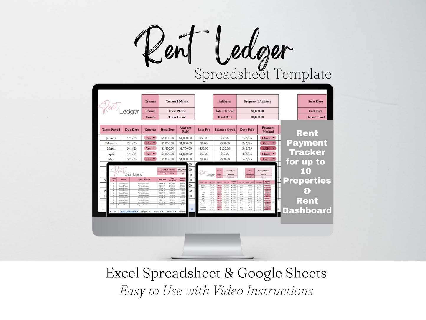 Rent Ledger Template, Landlord Spreadsheet Excel, Monthly Rent Payment Tracker Google Sheets