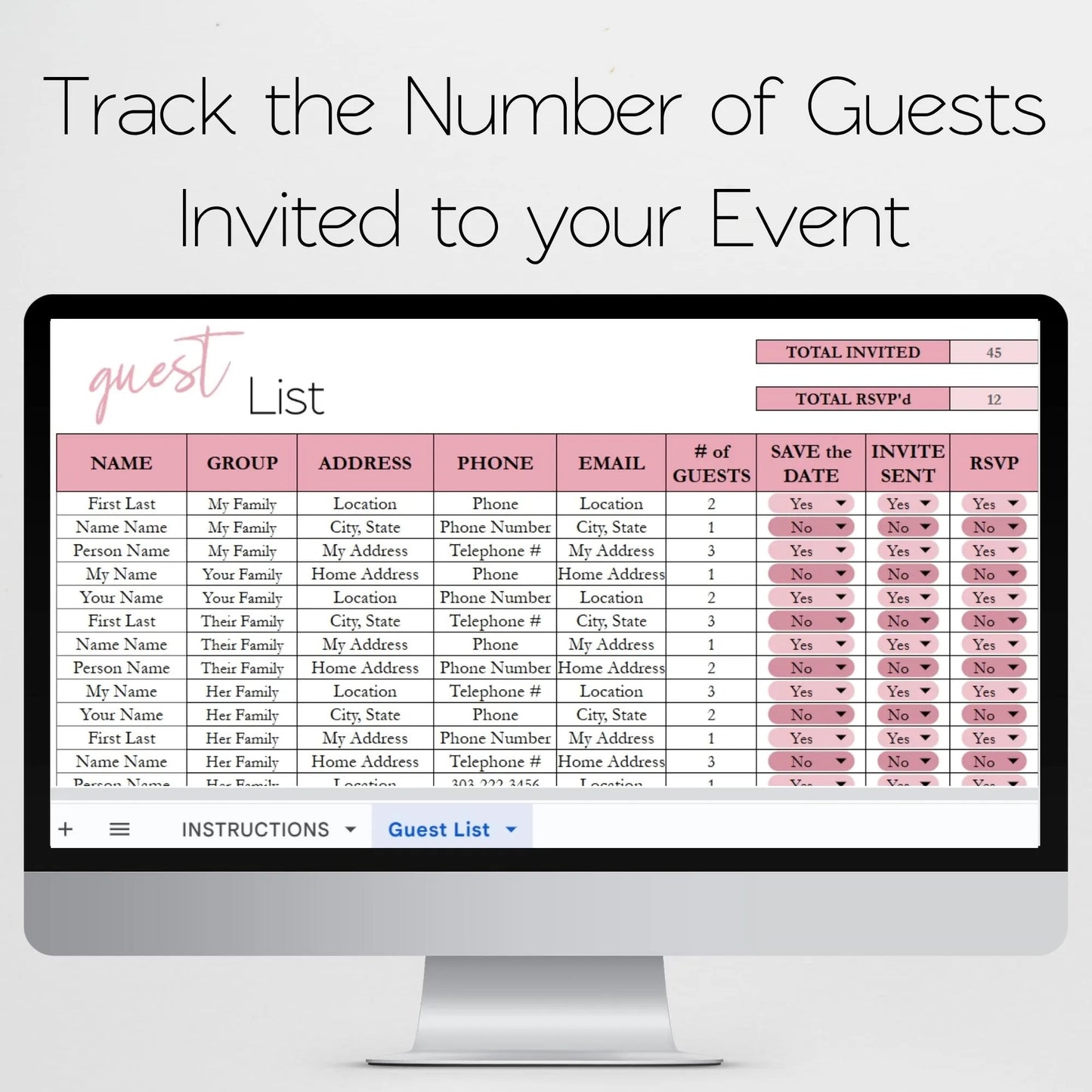 Guest List Excel Template, Invite Tracker, RSVP Tracker Google Sheet, Wedding Guest List, Address List