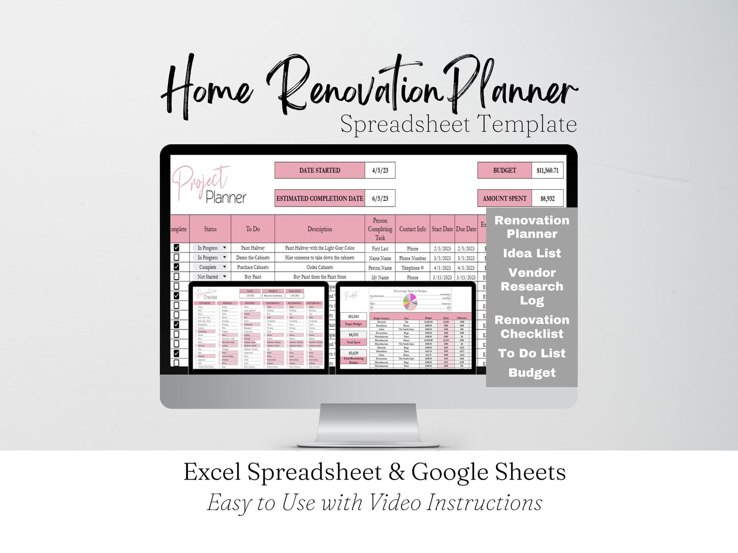 Home Renovation Planner Excel Spreadsheet, Home Improvement, Home Remodel Planner Budget