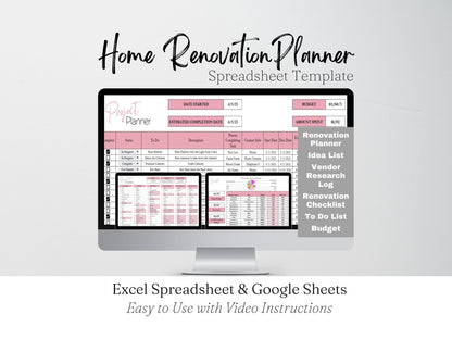 Home Renovation Planner Excel Spreadsheet, Home Improvement, Home Remodel Planner Budget