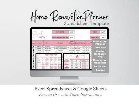 Home Renovation Planner Excel Spreadsheet, Home Improvement, Home Remodel Planner Budget