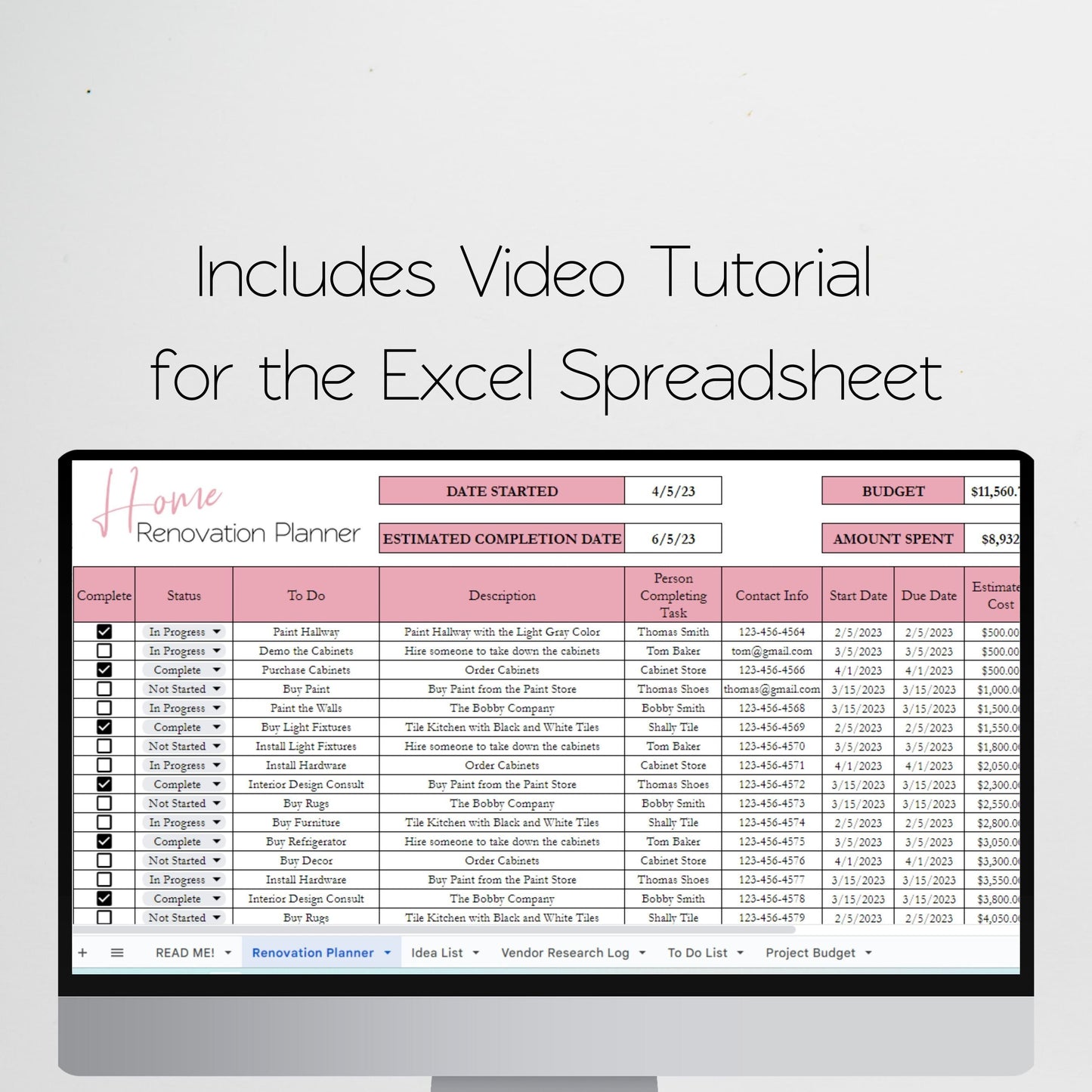 Home Renovation Planner Excel Spreadsheet, Home Improvement, Home Remodel Planner Budget