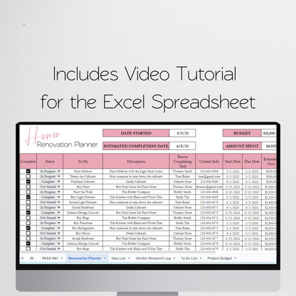 Home Renovation Planner Excel Spreadsheet, Home Improvement, Home Remodel Planner Budget