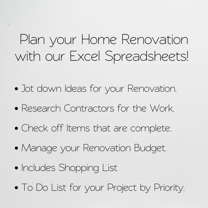 Home Renovation Planner Excel Spreadsheet, Home Improvement, Home Remodel Planner Budget