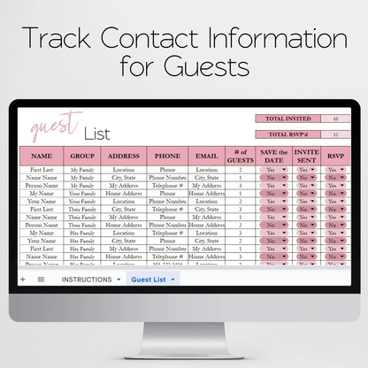 Guest List Excel Template, Invite Tracker, RSVP Tracker Google Sheet, Wedding Guest List, Address List