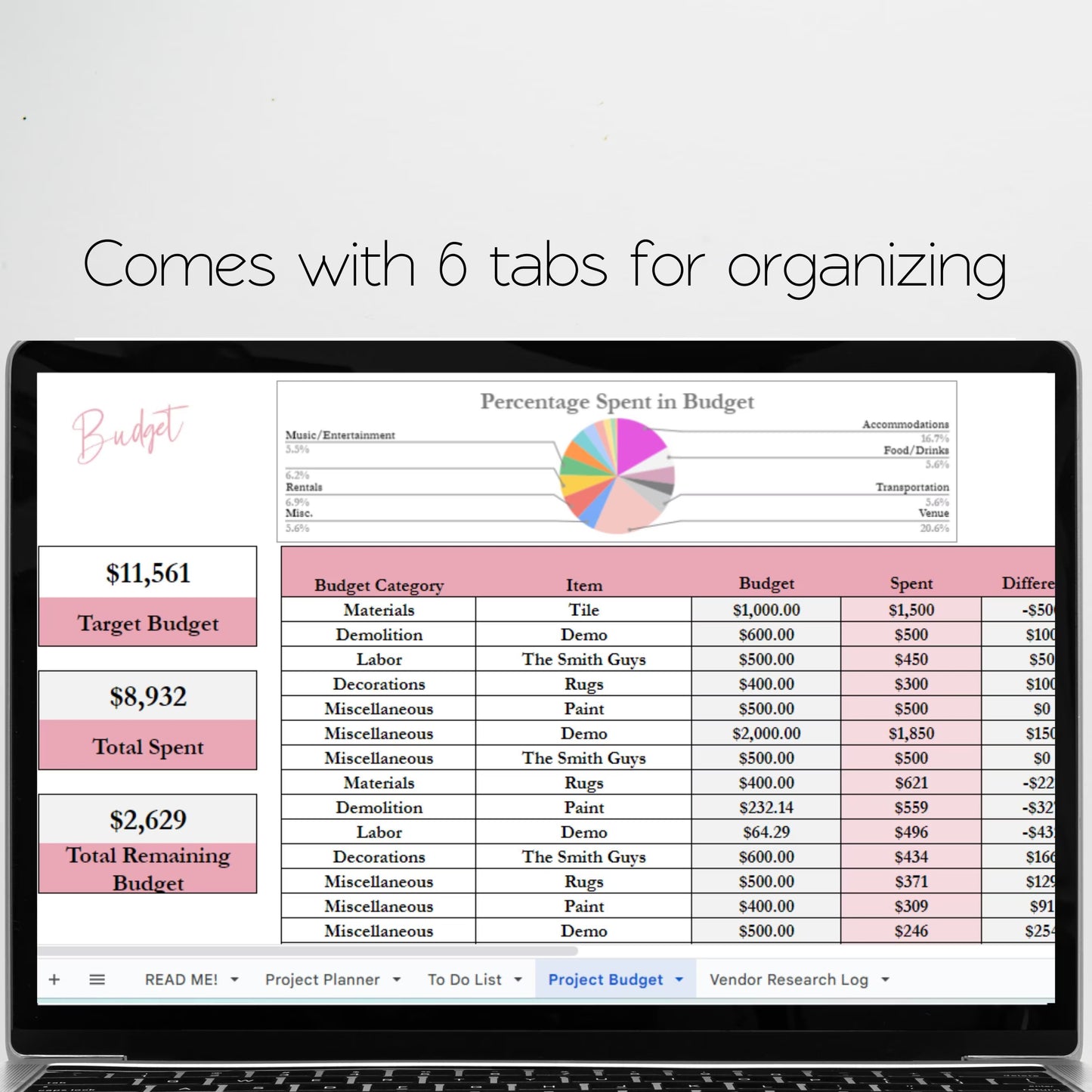 Home Renovation Planner Excel Spreadsheet, Home Improvement, Home Remodel Planner Budget