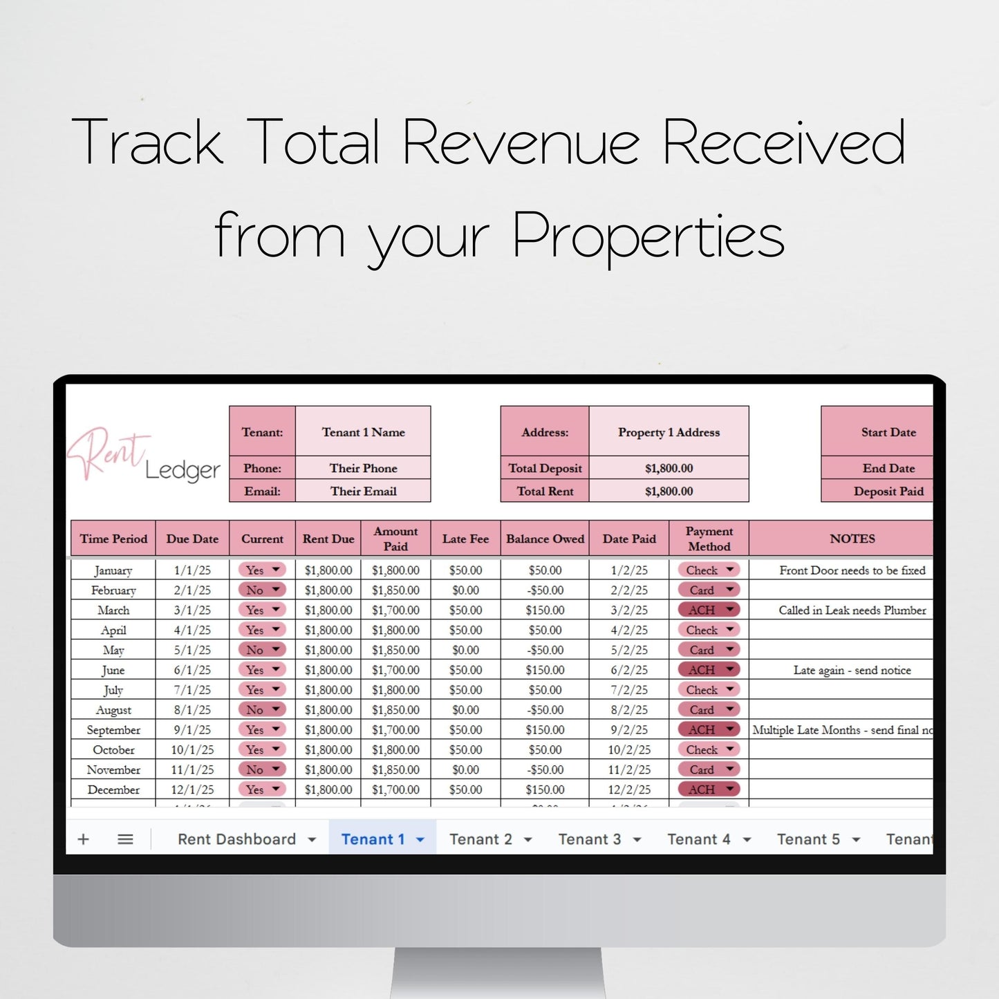Rent Ledger Template, Landlord Spreadsheet Excel, Monthly Rent Payment Tracker Google Sheets