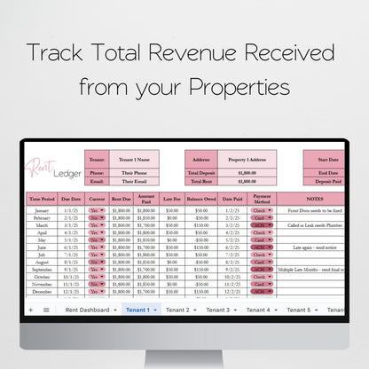 Rent Ledger Template, Landlord Spreadsheet Excel, Monthly Rent Payment Tracker Google Sheets